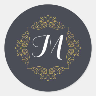 Elegant Blauw en Goud Monogram | Voer je eigen geg Ronde Sticker