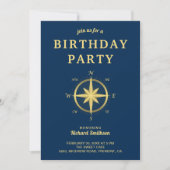 Elegant Blauw en Goud Nautisch Kompas Verjaardag Kaart (Voorkant)