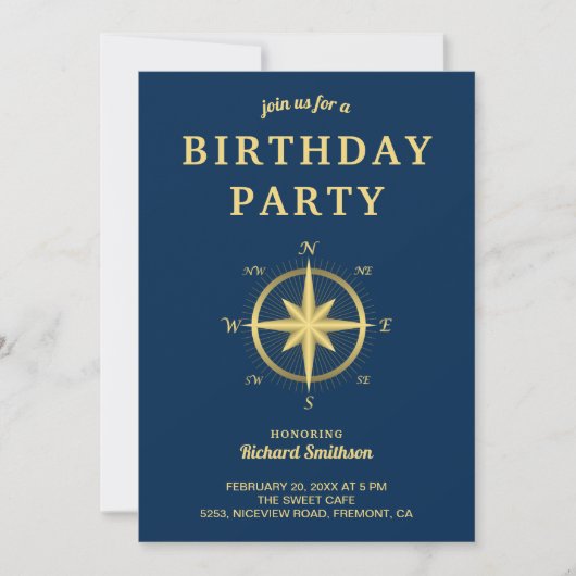 Elegant Blauw en Goud Nautisch Kompas Verjaardag Kaart (Voorkant)