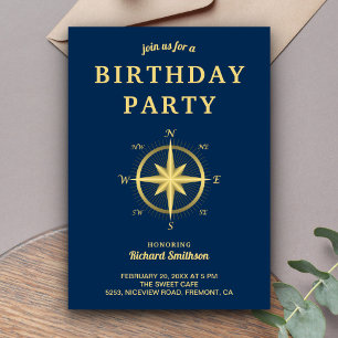 Elegant Blauw en Goud Nautisch Kompas Verjaardag Kaart
