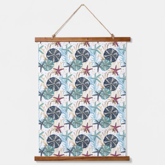 Elegant blauw en goud oceaan schatten patroon hangend wandkleed (Voorkant)