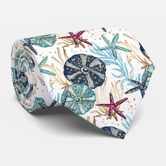 Elegant blauw en goud oceaan schatten patroon stropdas (Opgerold)