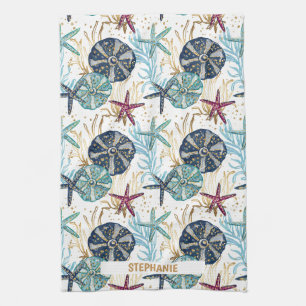 Elegant blauw en goud oceaan schatten patroon theedoek