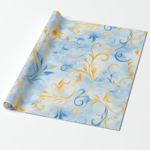 Elegant blauw en goud Paisley-geïnspireerd blad Cadeaupapier