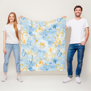 Elegant blauw en goud Paisley-geïnspireerd blad Fleece Deken
