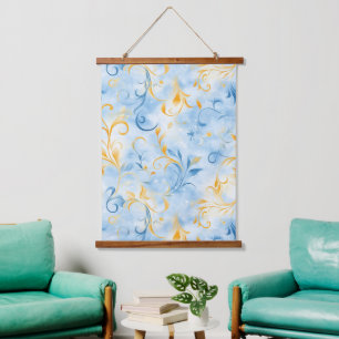 Elegant blauw en goud Paisley-geïnspireerd blad Hangend Wandkleed