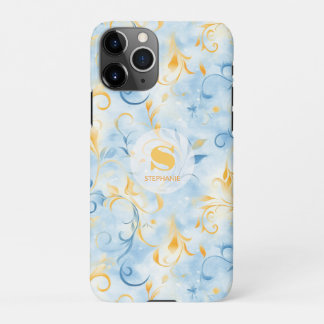 Elegant blauw en goud Paisley-geïnspireerd blad iPhone 11Pro Hoesje