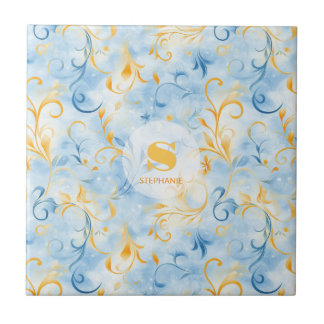 Elegant blauw en goud Paisley-geïnspireerd blad Tegeltje