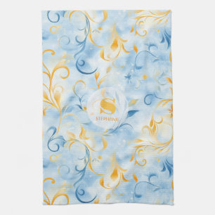 Elegant blauw en goud Paisley-geïnspireerd blad Theedoek