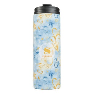 Elegant blauw en goud Paisley-geïnspireerd blad Thermosbeker