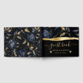 Elegant Blauw en Goud Roos Bloemenbruiloft Gastenboek (Volledig)