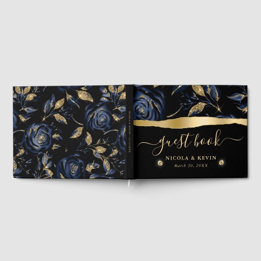 Elegant Blauw en Goud Roos Bloemenbruiloft Gastenboek (Volledig)