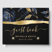 Elegant Blauw en Goud Roos Bloemenbruiloft Gastenboek (Voorkant)