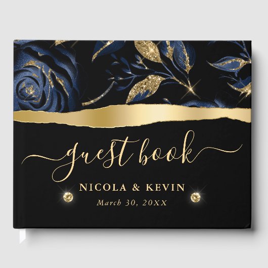 Elegant Blauw en Goud Roos Bloemenbruiloft Gastenboek (Voorkant)