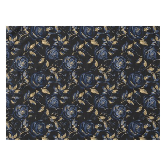 Elegant Blauw en Goud Roos Bloemenpatroon Tafelkleed (Voorkant (Horizontaal))