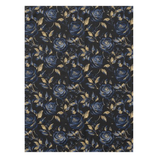 Elegant Blauw en Goud Roos Bloemenpatroon Tafelkleed (Voorkant)