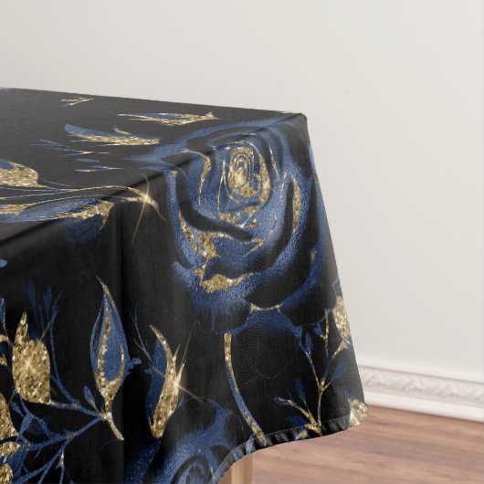 Elegant Blauw en Goud Roos Bloemenpatroon Tafelkleed (Voorbeeld)