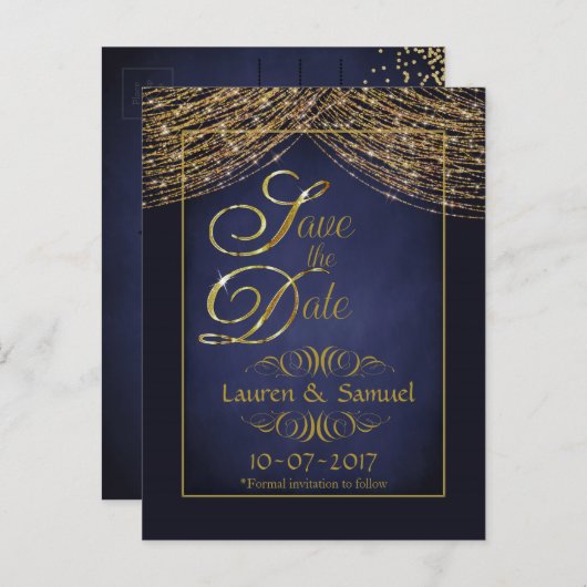 Elegant Blauw en Goud Save the Date Briefkaarten (Voorkant / Achterkant)