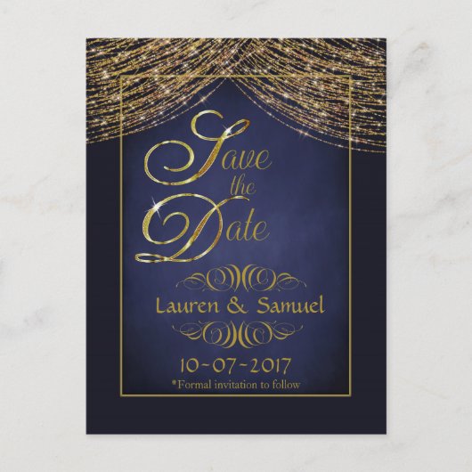 Elegant Blauw en Goud Save the Date Briefkaarten (Voorkant)