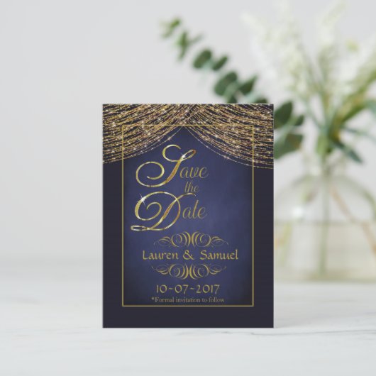 Elegant Blauw en Goud Save the Date Briefkaarten (Staand voorkant)