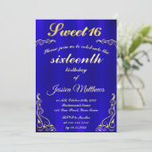 Elegant Blauw en Goud Typografie Sweet 16 Kaart (Staand voorkant)