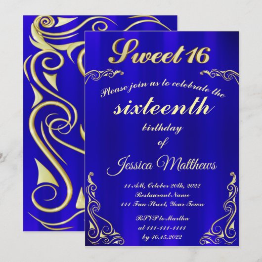 Elegant Blauw en Goud Typografie Sweet 16 Kaart (Voorkant / Achterkant)