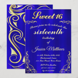 Elegant Blauw en Goud Typografie Sweet 16 Kaart