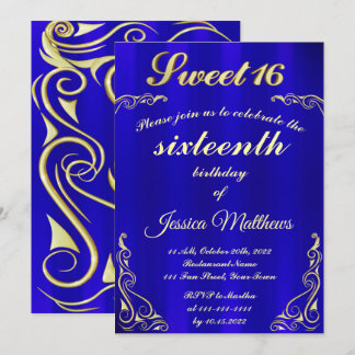 Elegant Blauw en Goud Typografie Sweet 16 Kaart