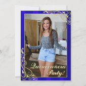 Elegant blauw en goud uw foto Quinceañera Kaart (Voorkant)