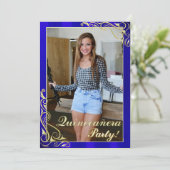 Elegant blauw en goud uw foto Quinceañera Kaart (Staand voorkant)