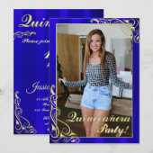 Elegant blauw en goud uw foto Quinceañera Kaart (Voorkant / Achterkant)