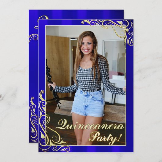 Elegant blauw en goud uw foto Quinceañera Kaart (Voorkant / Achterkant)