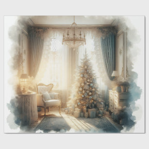 Elegant Blauw en Goud Vintage Kerstmis Cadeaupapier