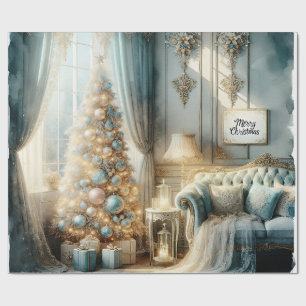 Elegant Blauw en Goud Vintage Kerstmis Cadeaupapier