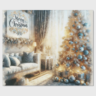Elegant Blauw en Goud Vintage Kerstmis Cadeaupapier