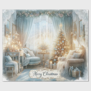 Elegant Blauw en Goud Vintage Kerstmis Cadeaupapier