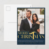 Elegant Blauw en Goud Vrolijk Kerstmis Familie Fot Feestdagenkaart (Voorkant / Achterkant)