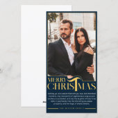 Elegant Blauw en Goud Vrolijk Kerstmis Familie Fot Feestdagenkaart (Voorkant / Achterkant)