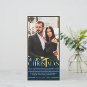 Elegant Blauw en Goud Vrolijk Kerstmis Familie Fot Feestdagenkaart (Staand voorkant)