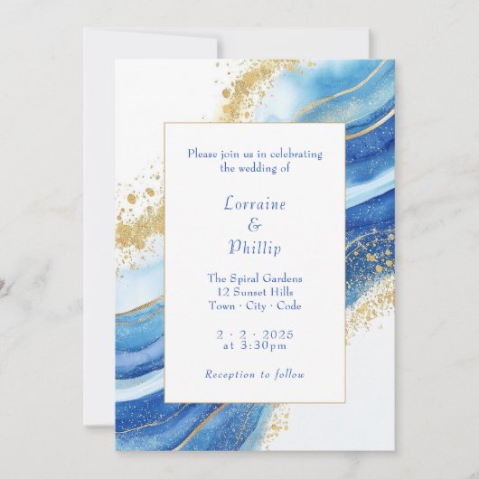 Elegant blauw en goud Waterverf bruiloft Kaart (Voorkant)