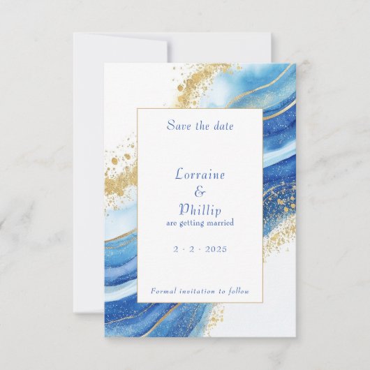 Elegant blauw en goud Waterverf bruiloft Save The Date (Voorkant)