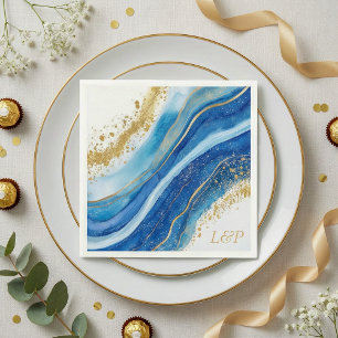 Elegant blauw en goud waterverf Monogram servet