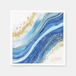 Elegant blauw en goud waterverf Monogram servet