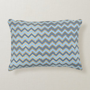 Elegant Blauw en Gouden Chevron Patroon Accent Kussen
