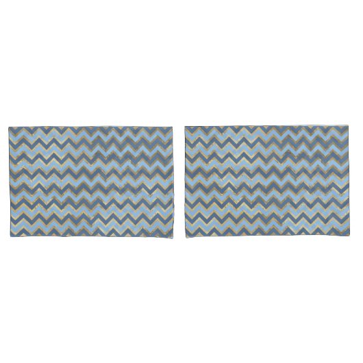 Elegant Blauw en Gouden Chevron Patroon Kussensloop (Voorkant-Set)