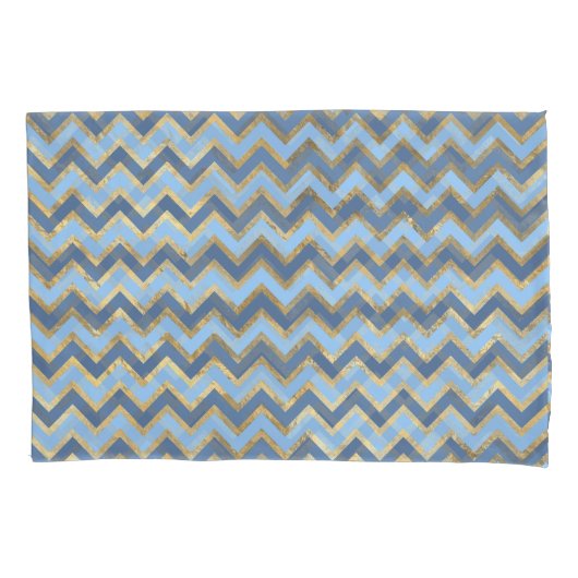 Elegant Blauw en Gouden Chevron Patroon Kussensloop (Voorkant-Links)