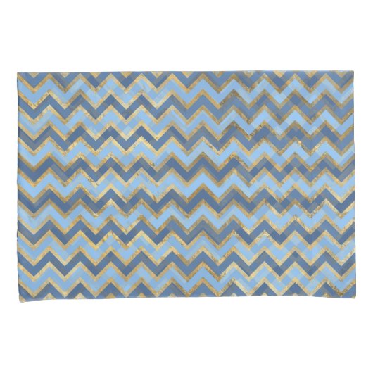 Elegant Blauw en Gouden Chevron Patroon Kussensloop (Voorkant-Rechts)