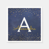 Elegant blauw en goudfolie Confetti Monogram Servet (Voorkant)
