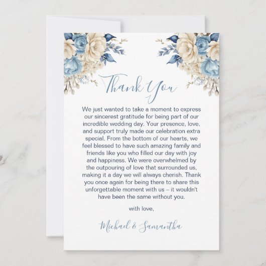 Elegant Blauw en Ivoor Roos Bruiloft Bedankkaart (Voorkant)