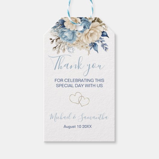 Elegant Blauw en Ivoor Roos Bruiloft Cadeaulabel (Voorkant)